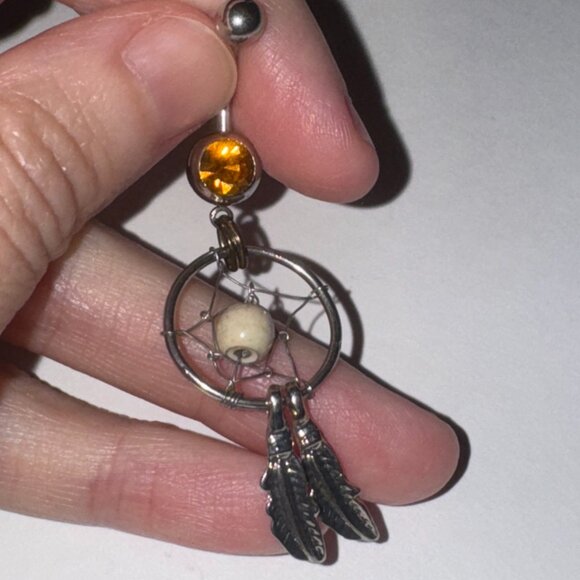 Topaz Orange gem with Cream bead Dream Catcher Dangle Belly Ring - Picture 6 of 11